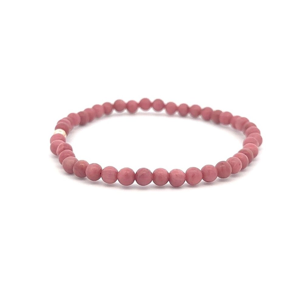 Rhodonite Gemstone Beaded Stretch Bracelet 14K Gold Accent Bead Handmade - Picture 3 of 8